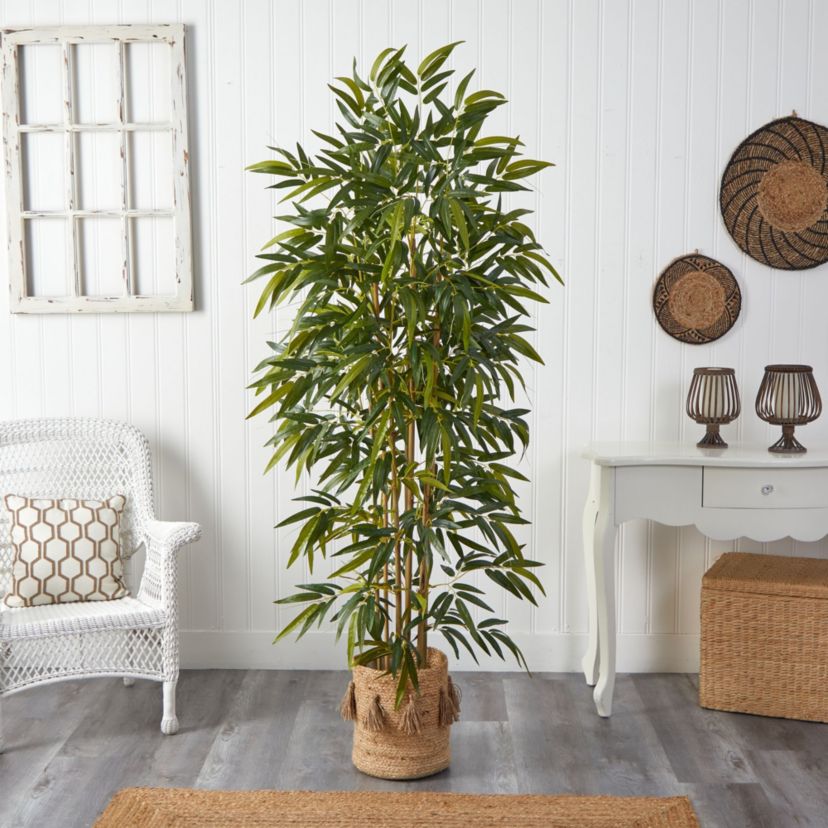 75-Inch Bamboo Artificial Tree in Handmade Natural Jute Planter with Tassels