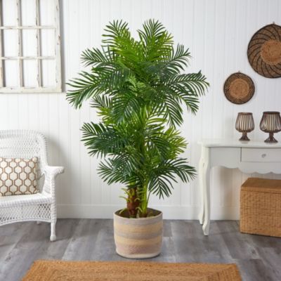 6-Foot Hawaii Artificial Palm Tree in Handmade Natural Cotton Multicolored Woven Planter