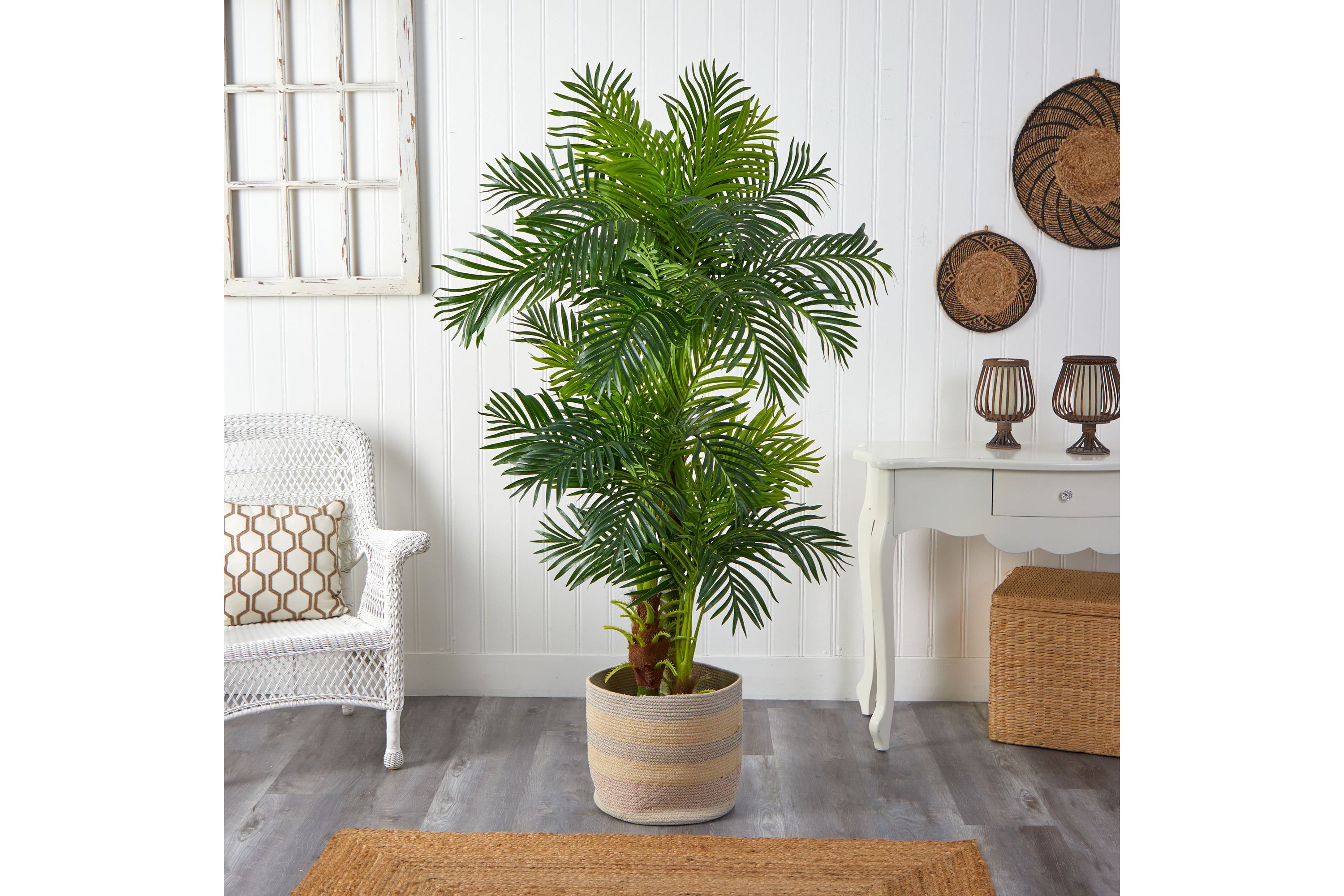 6-Foot Hawaii Artificial Palm Tree in Handmade Natural Cotton Multicolored Woven Planter
