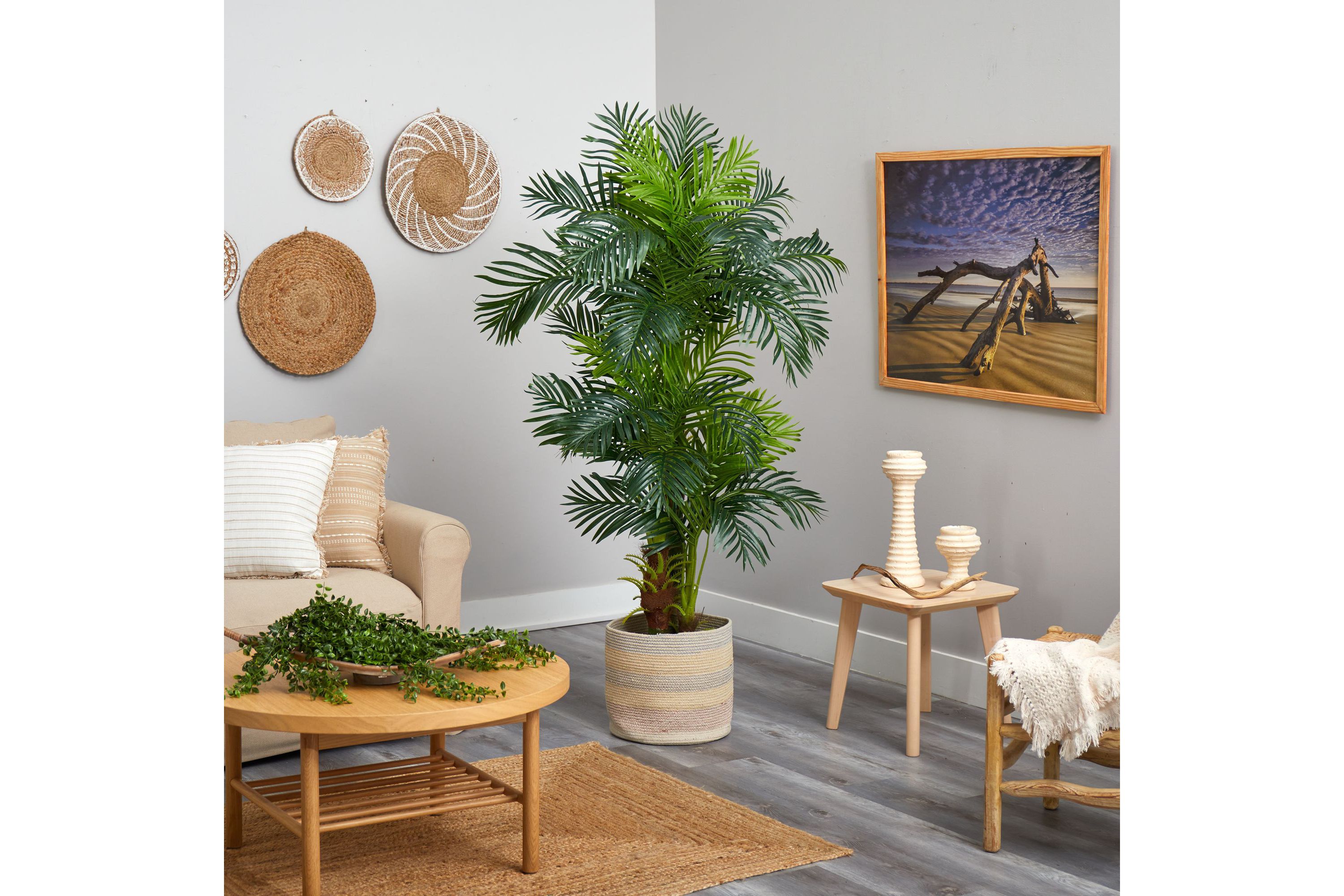 6-Foot Hawaii Artificial Palm Tree in Handmade Natural Cotton Multicolored Woven Planter