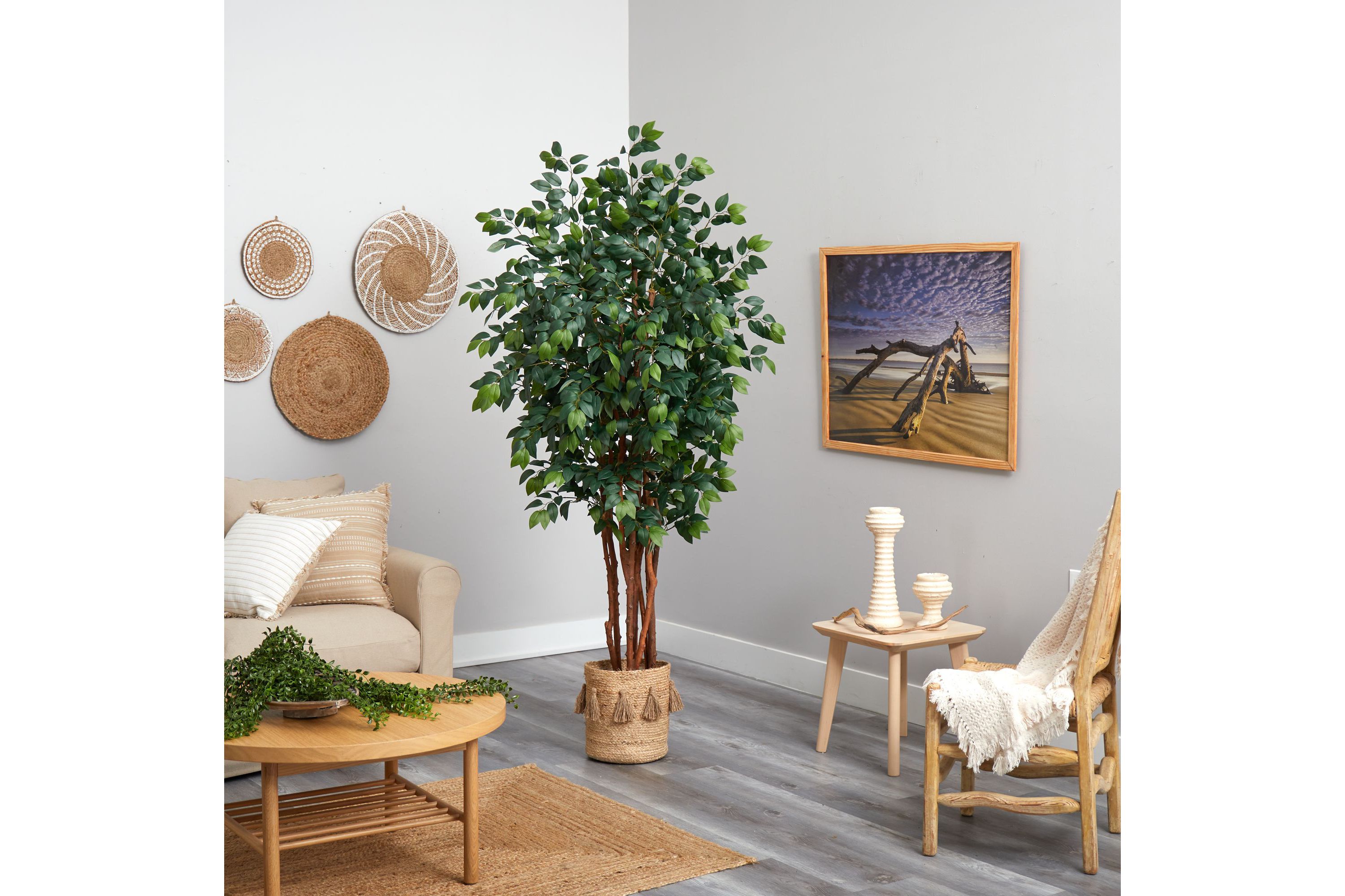 7-Foot Sakaki Artificial Tree in Handmade Natural Jute Planter with Tassels