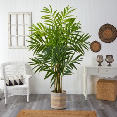 8-Foot King Palm Artificial Tree in Handmade Natural Cotton Multicolored Woven Planter