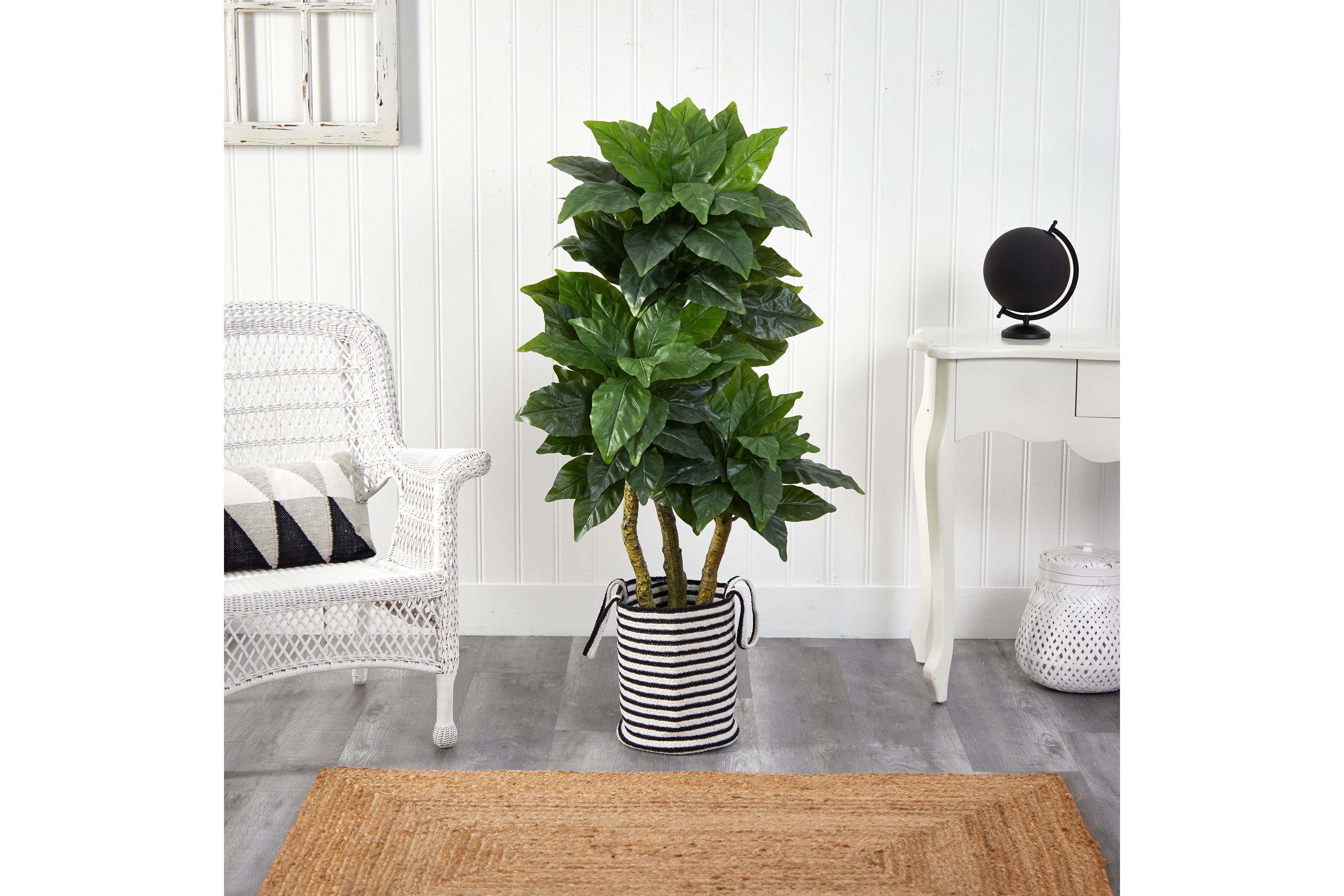 5-Foot Bird Nest Artificial Tree in Handmade Black and White Natural Jute and Cotton Planter UV Resistant (Indoor/Outdoor)