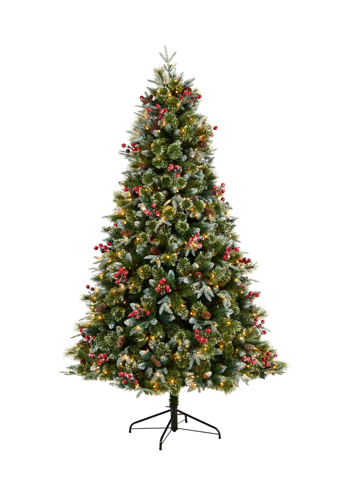 7.5-Foot Snow Tipped Aspen Spruce Pre-Lit Artificial Christmas Tree with 450 LED lights, Berries, Pinecones and 1528 Bendable Branches