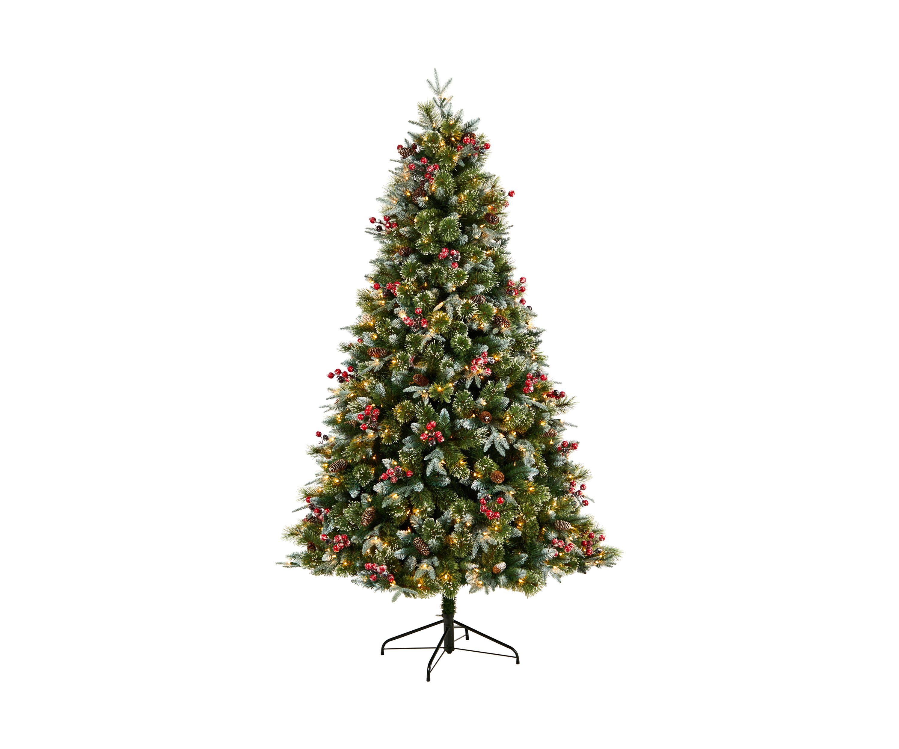 7.5-Foot Snow Tipped Aspen Spruce Pre-Lit Artificial Christmas Tree with 450 LED lights, Berries, Pinecones and 1528 Bendable Branches