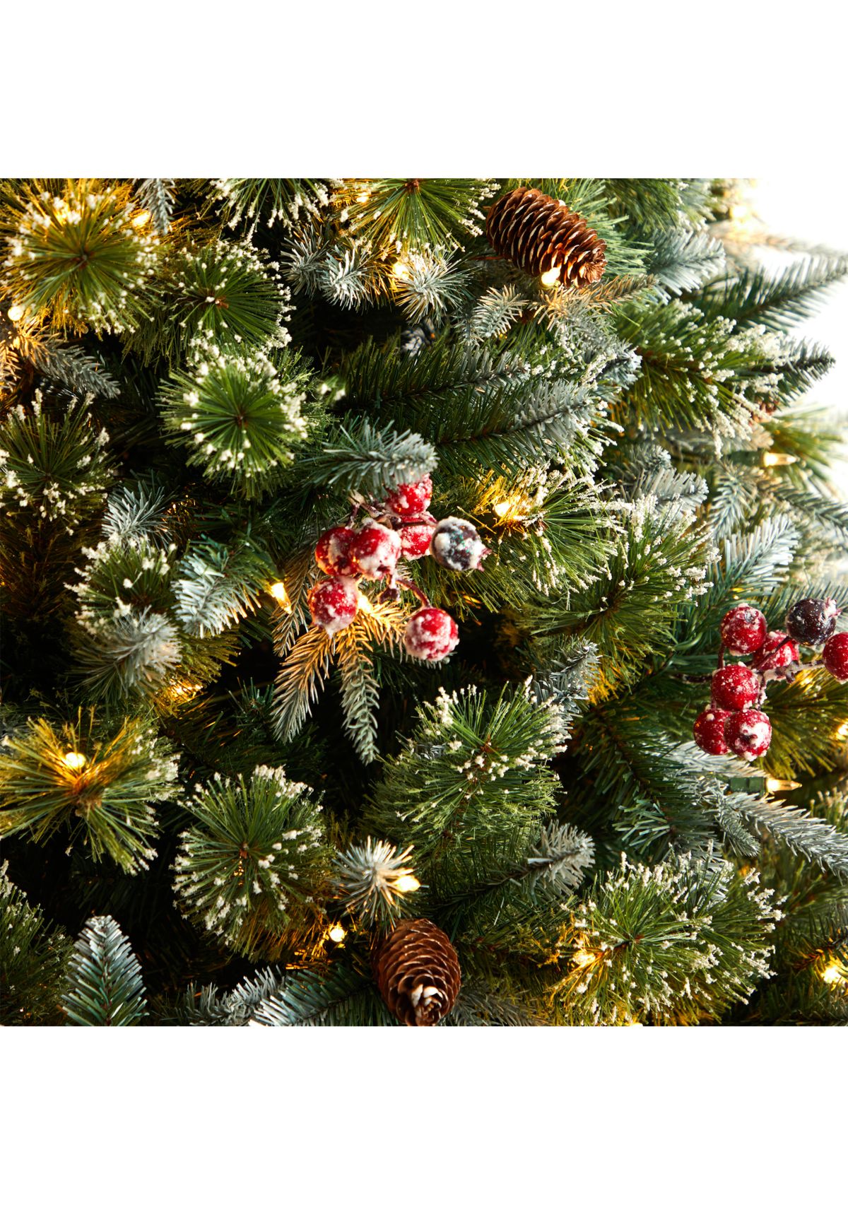 7.5-Foot Snow Tipped Aspen Spruce Pre-Lit Artificial Christmas Tree with 450 LED lights, Berries, Pinecones and 1528 Bendable Branches