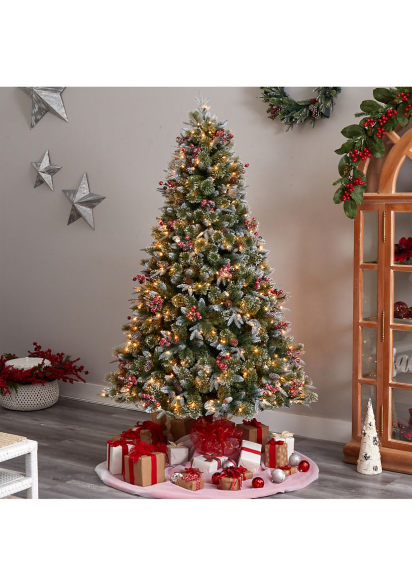 7.5-Foot Snow Tipped Aspen Spruce Pre-Lit Artificial Christmas Tree with 450 LED lights, Berries, Pinecones and 1528 Bendable Branches