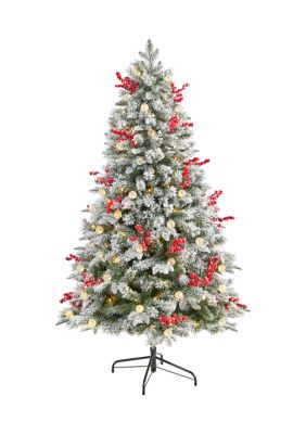 6 Foot Snow Tipped Norwegian Fir Pre-Lit Artificial Christmas Tree with 200 LED Lights, 50 LED Globe Lights, Berries and 906 Bendable Branches