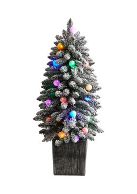 Nearly Natural 3 Foot Flocked Highland Fir Artificial Christmas Tree with 127 Bendable Branches and 20 LED Globe Lights in Decorative Planter, Green