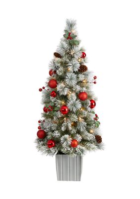 4 Foot Winter Flocked Artificial Christmas Tree Pre-Lit with 50 LED Lights and Ornaments in Decorative Planter