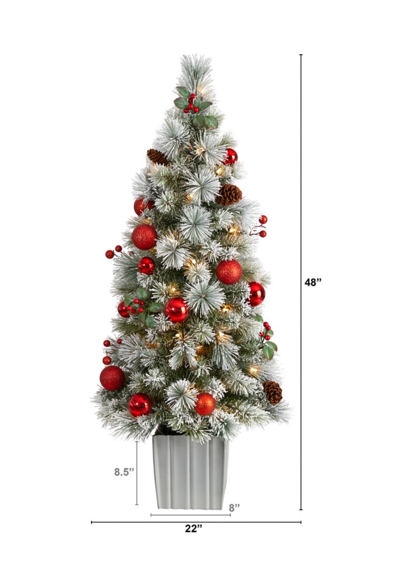 4 Foot Winter Flocked Artificial Christmas Tree Pre-Lit with 50 LED Lights and Ornaments in Decorative Planter