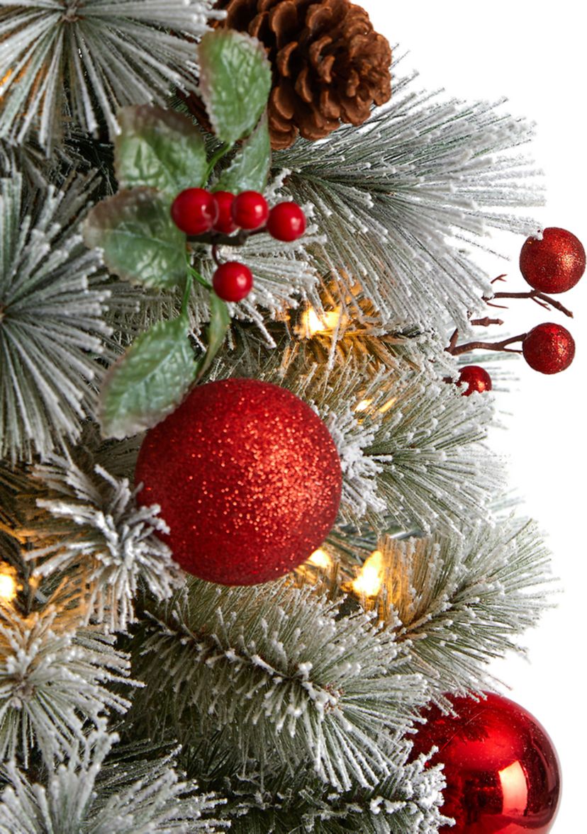 4 Foot Winter Flocked Artificial Christmas Tree Pre-Lit with 50 LED Lights and Ornaments in Decorative Planter