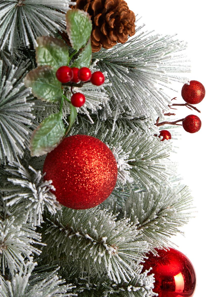 4 Foot Winter Flocked Artificial Christmas Tree Pre-Lit with 50 LED Lights and Ornaments in Decorative Planter