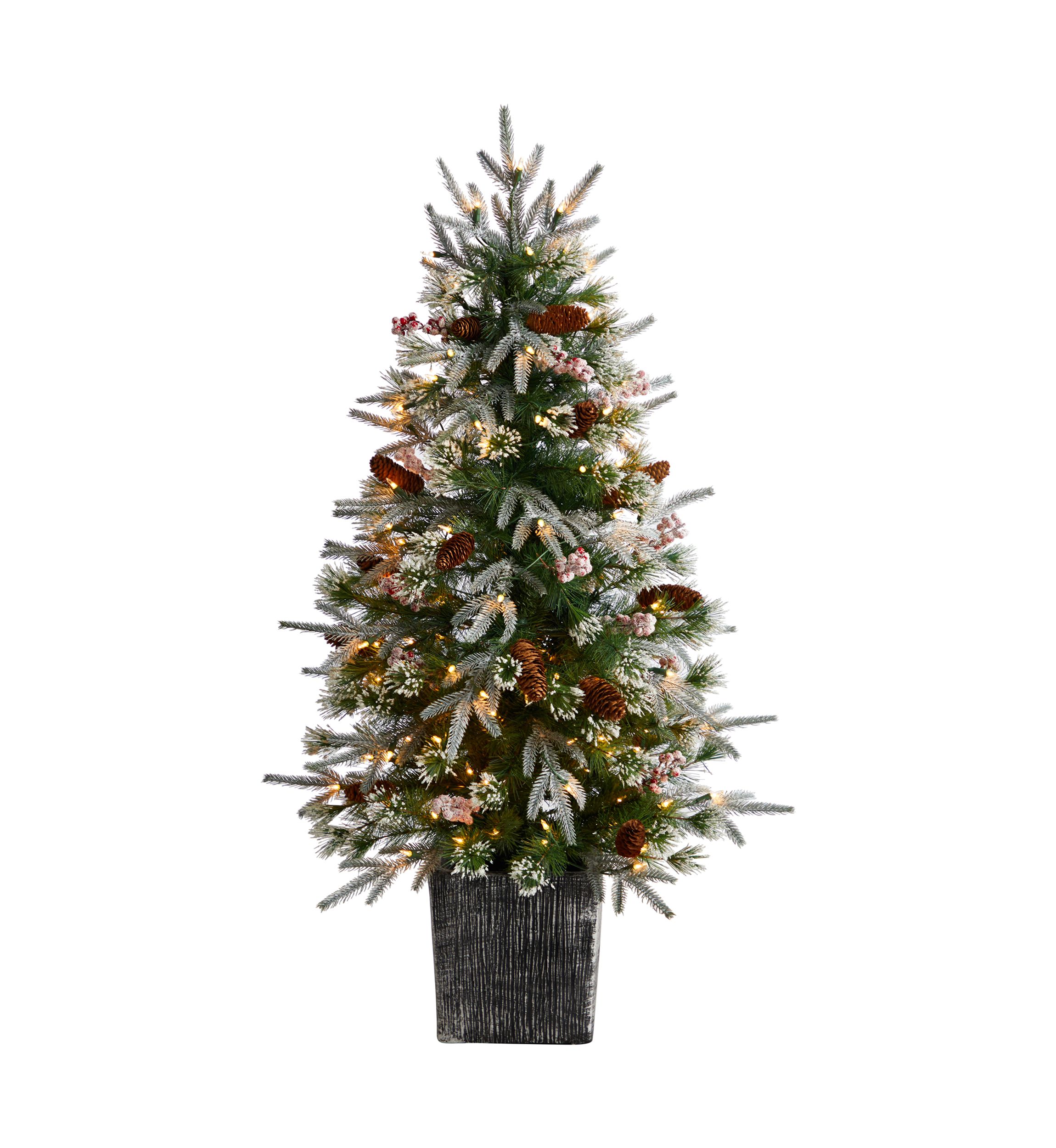 4-Foot Frosted Artificial Christmas Tree Pre-Lit with 105 LED lights and Berries in Decorative Planter