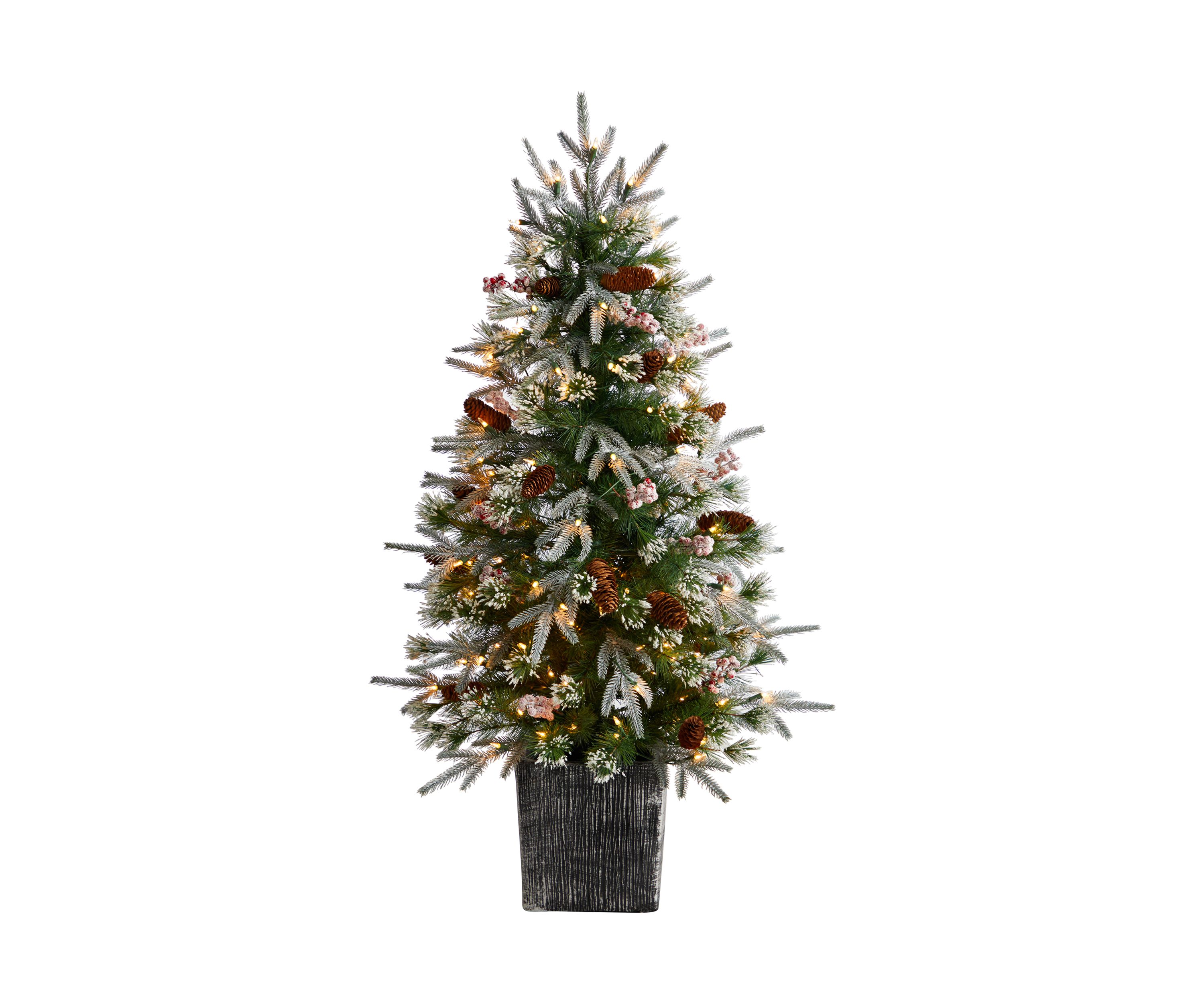 4-Foot Frosted Artificial Christmas Tree Pre-Lit with 105 LED lights and Berries in Decorative Planter