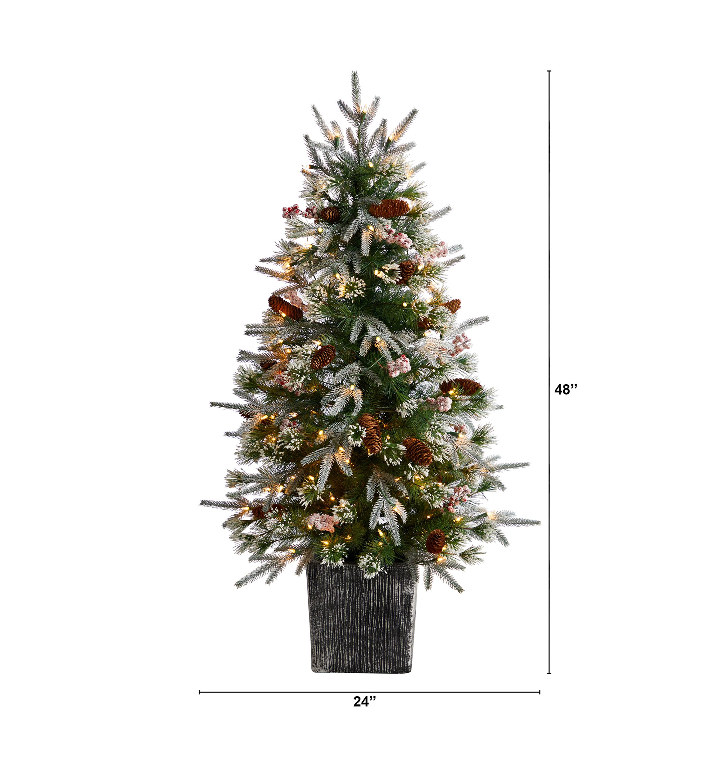 4-Foot Frosted Artificial Christmas Tree Pre-Lit with 105 LED lights and Berries in Decorative Planter