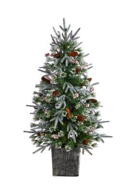 4-Foot Frosted Artificial Christmas Tree Pre-Lit with 105 LED lights and Berries in Decorative Planter