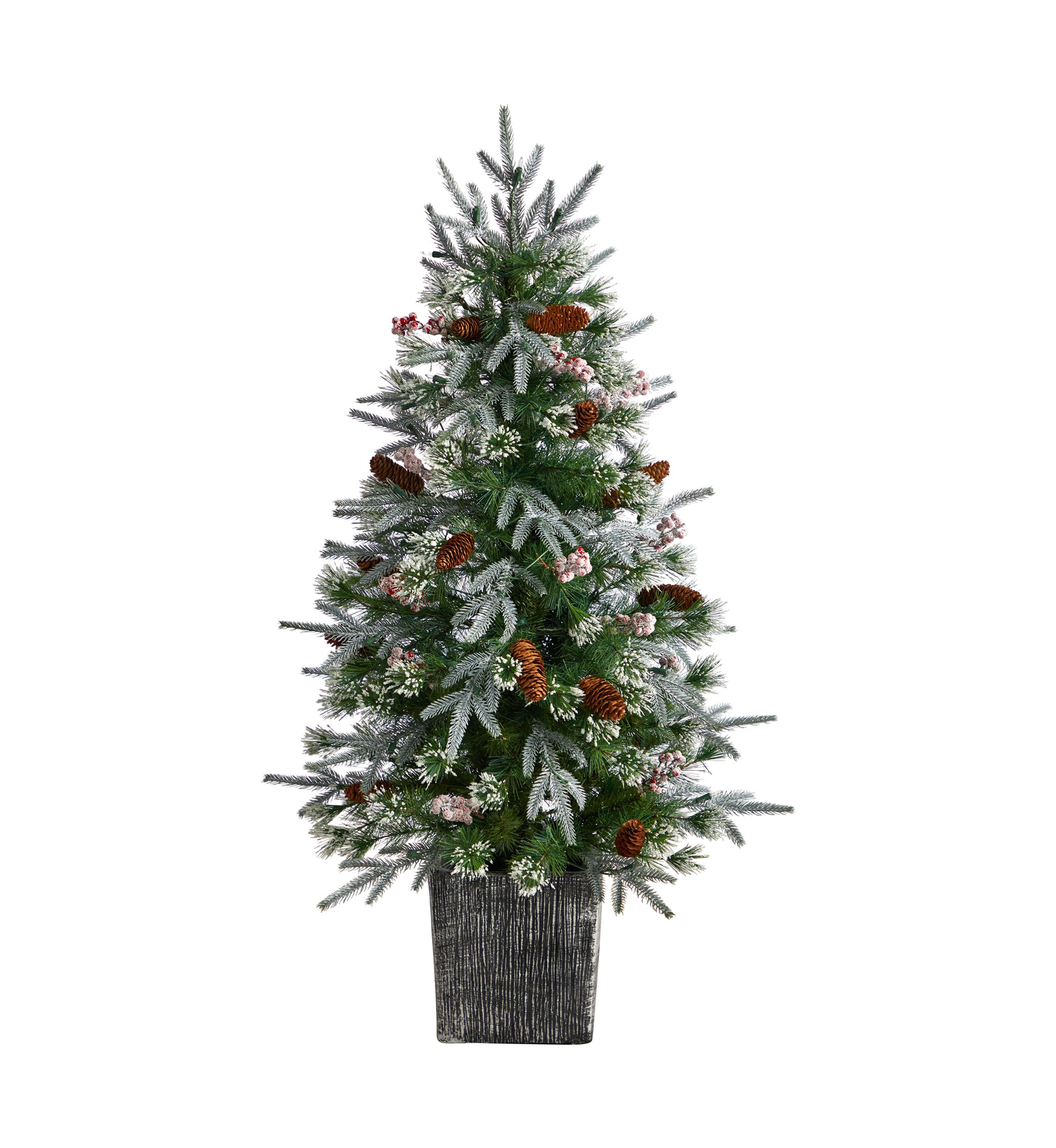 4-Foot Frosted Artificial Christmas Tree Pre-Lit with 105 LED lights and Berries in Decorative Planter