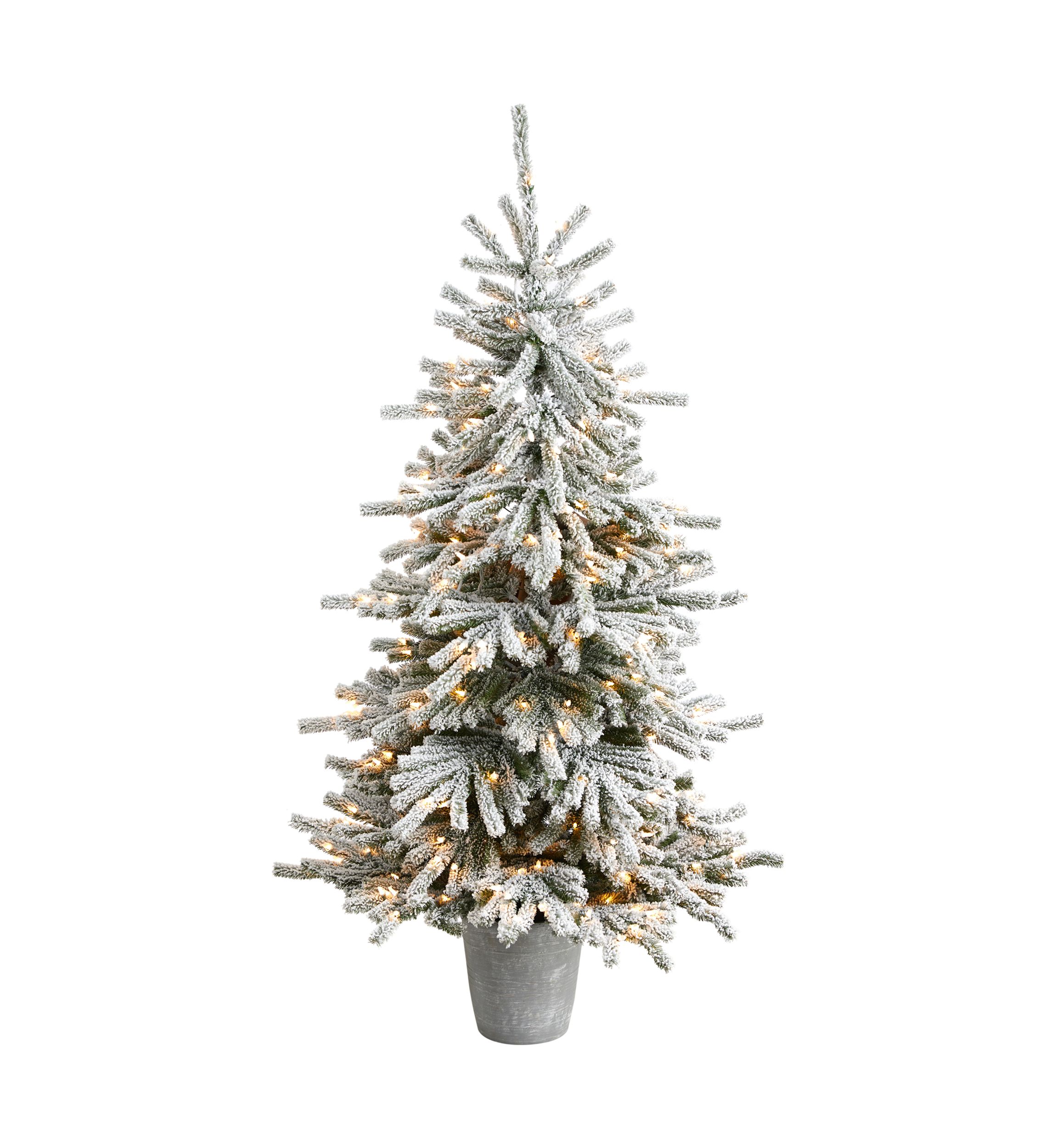 6-Foot Flocked Long Vermont Pine Artificial Christmas Tree with 758 Bendable Branches and 250 LED Lights in Decorative Planter