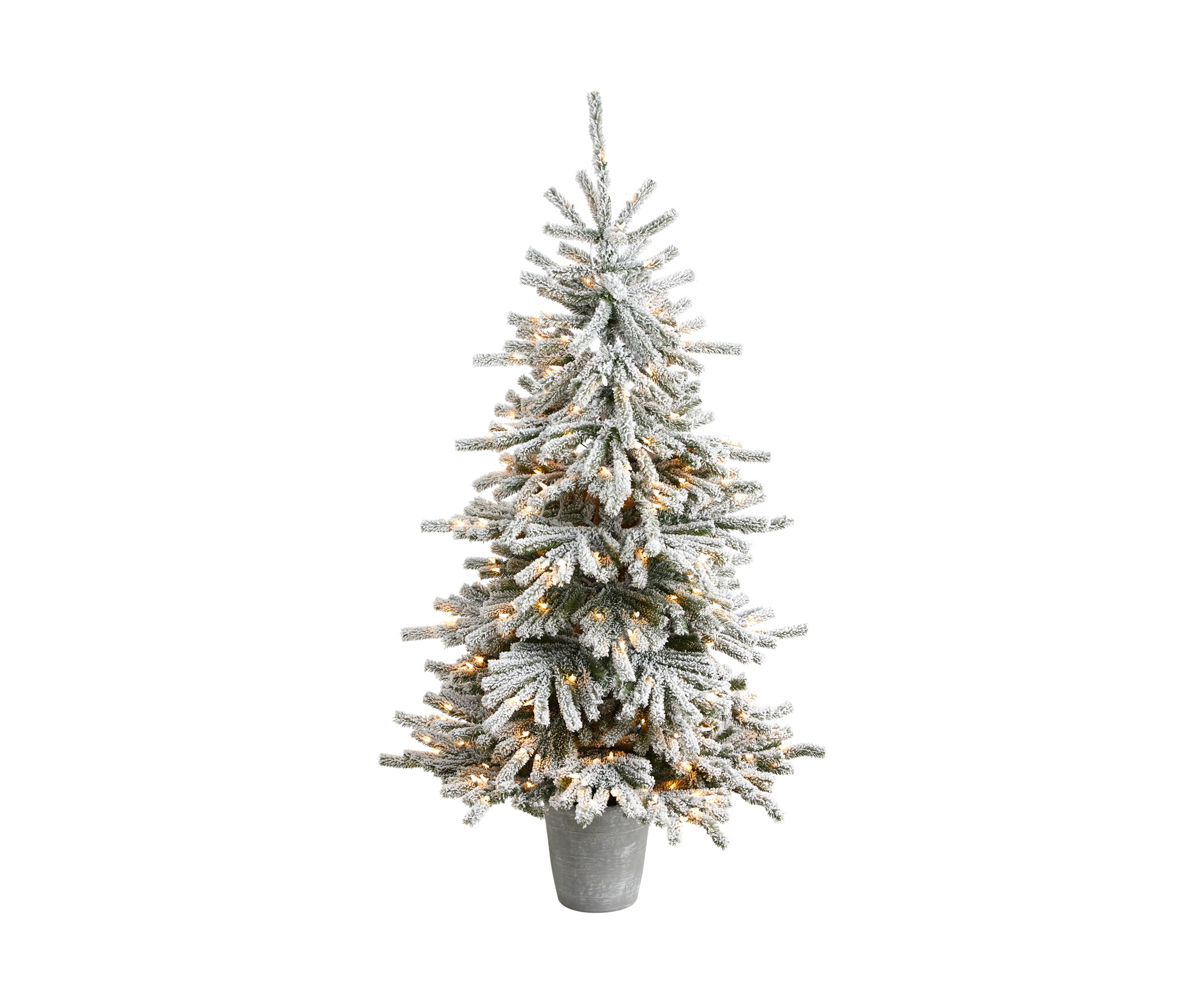 6-Foot Flocked Long Vermont Pine Artificial Christmas Tree with 758 Bendable Branches and 250 LED Lights in Decorative Planter