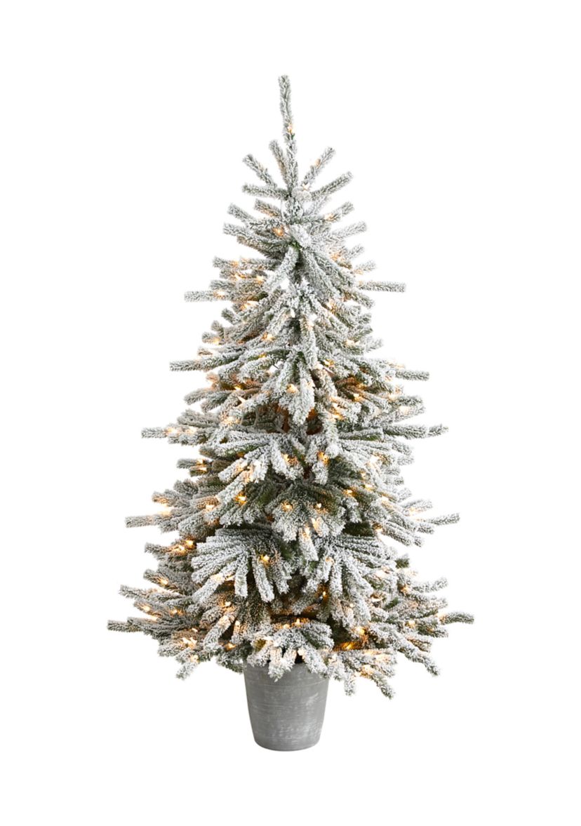 6-Foot Flocked Long Vermont Pine Artificial Christmas Tree with 758 Bendable Branches and 250 LED Lights in Decorative Planter