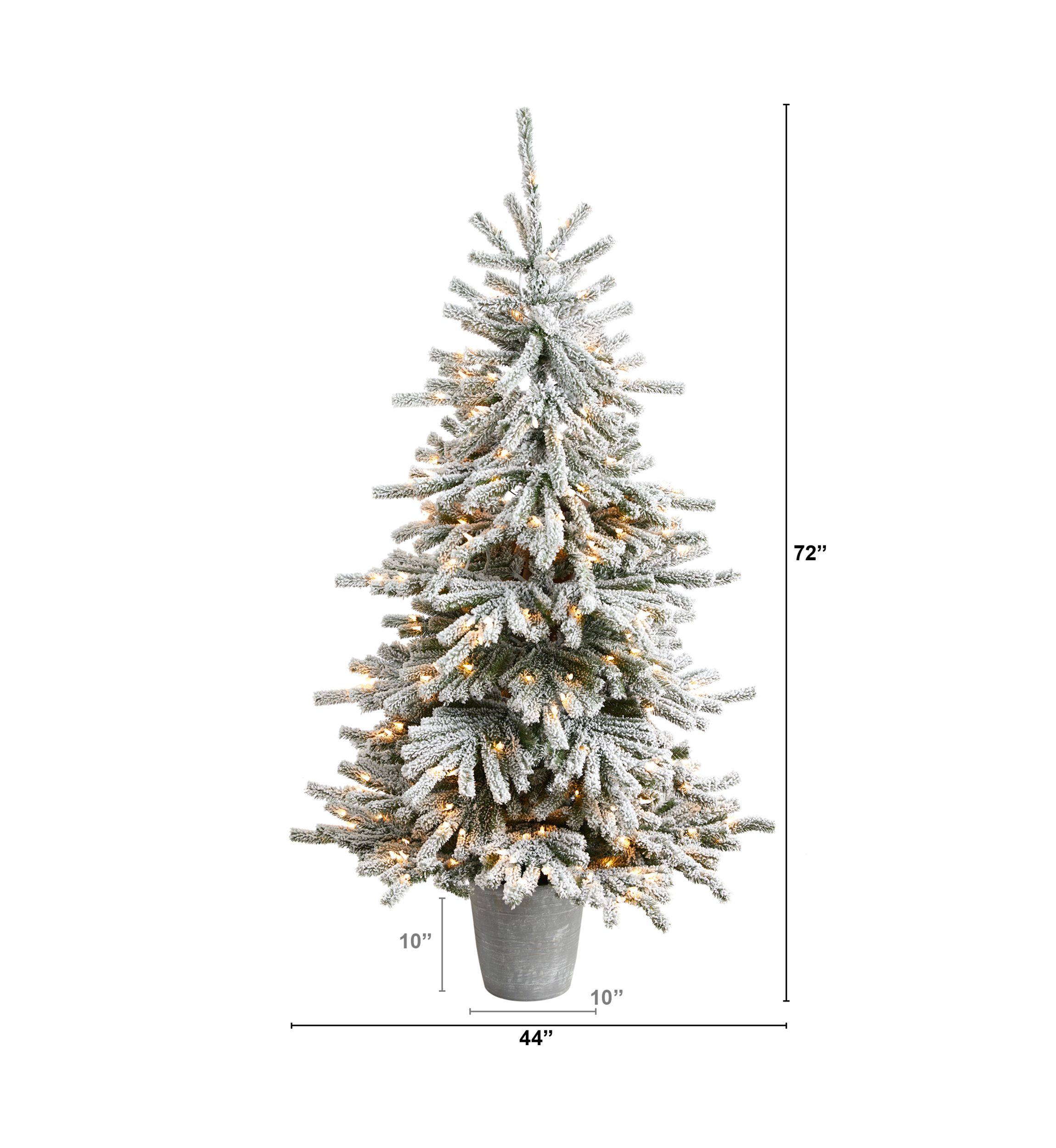 6-Foot Flocked Long Vermont Pine Artificial Christmas Tree with 758 Bendable Branches and 250 LED Lights in Decorative Planter