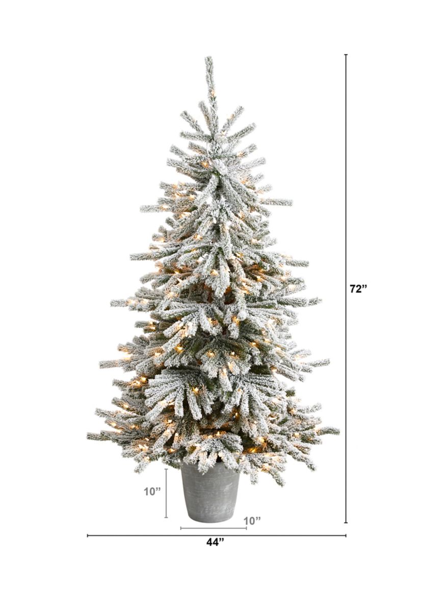 6-Foot Flocked Long Vermont Pine Artificial Christmas Tree with 758 Bendable Branches and 250 LED Lights in Decorative Planter