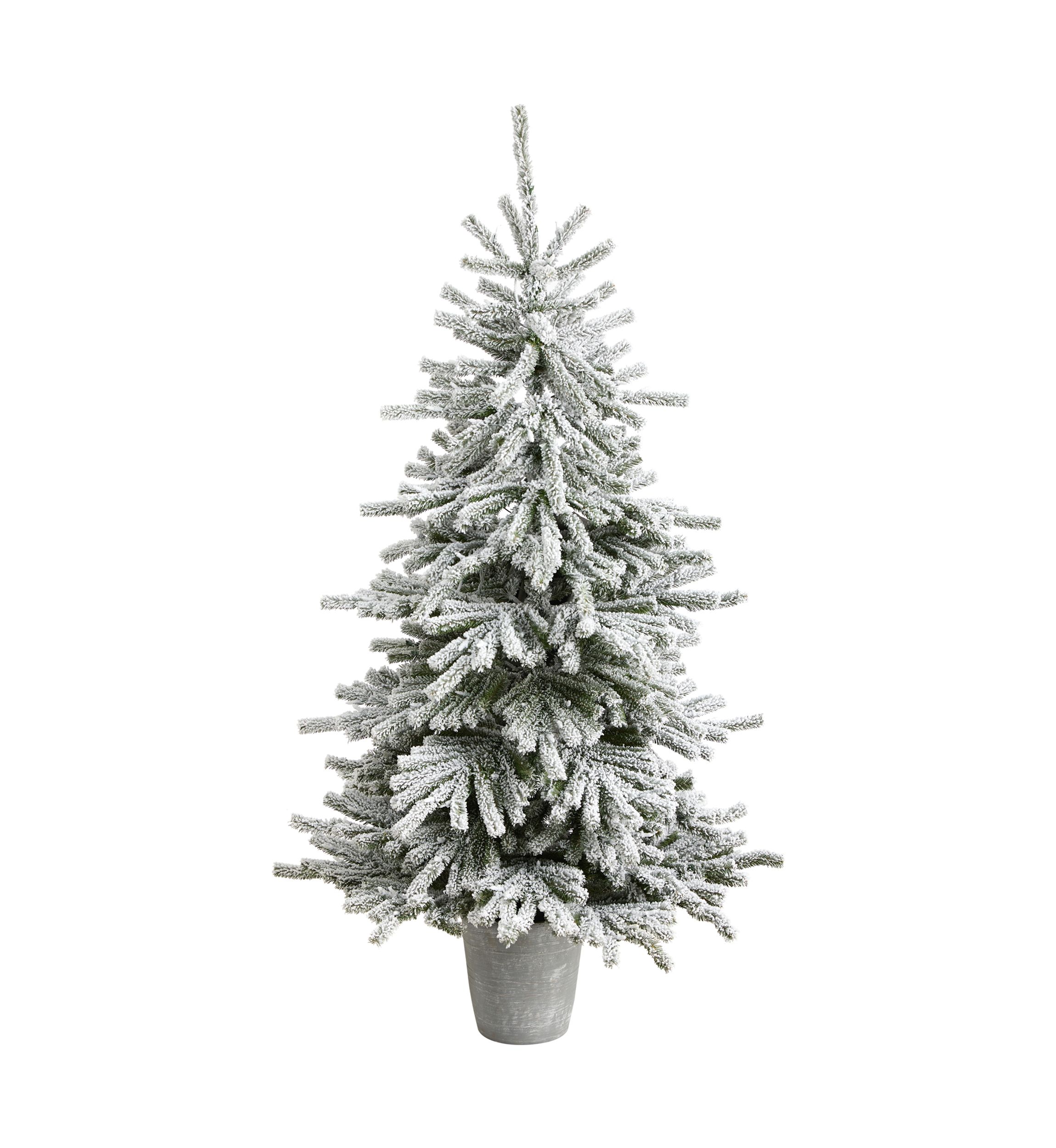 6-Foot Flocked Long Vermont Pine Artificial Christmas Tree with 758 Bendable Branches and 250 LED Lights in Decorative Planter