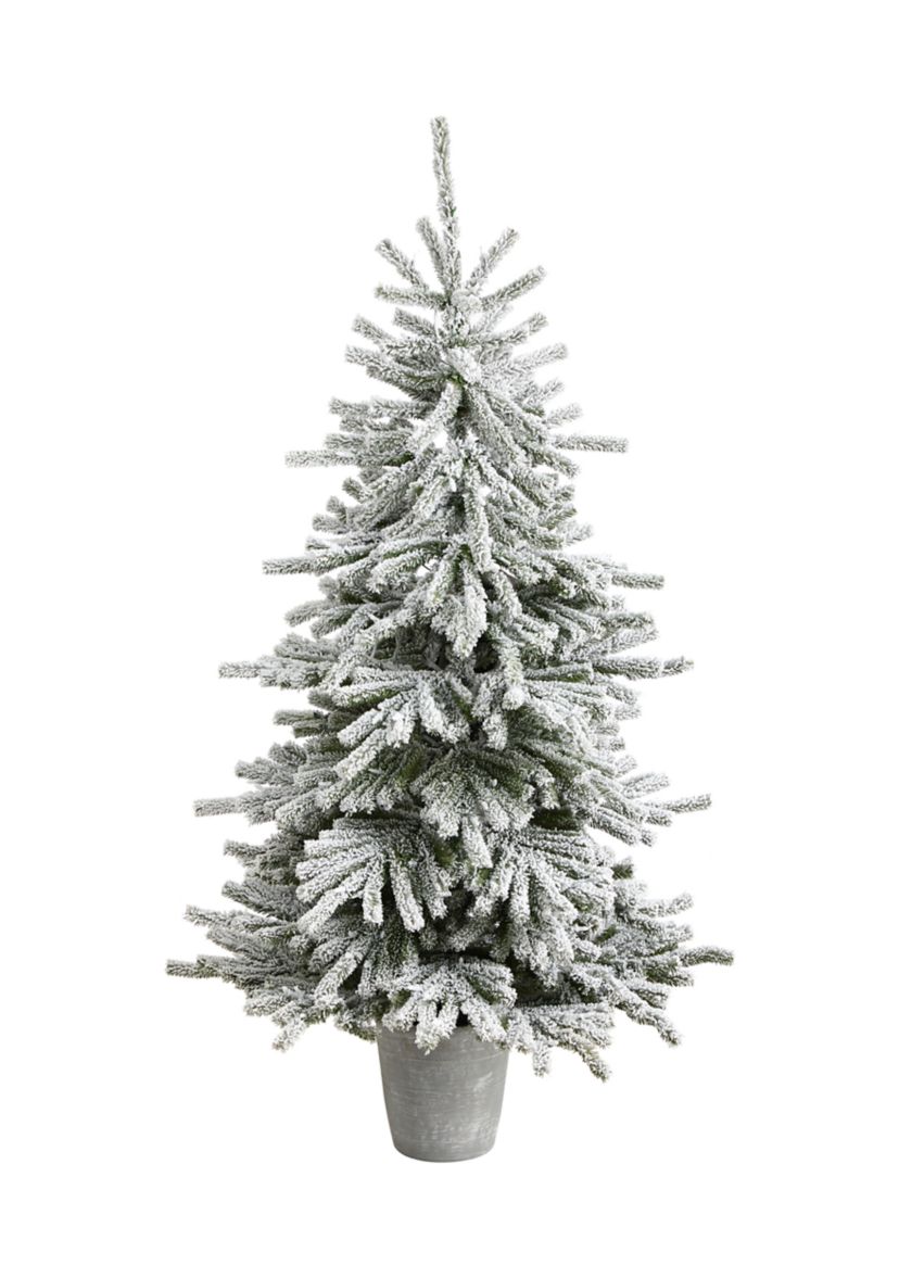 6-Foot Flocked Long Vermont Pine Artificial Christmas Tree with 758 Bendable Branches and 250 LED Lights in Decorative Planter
