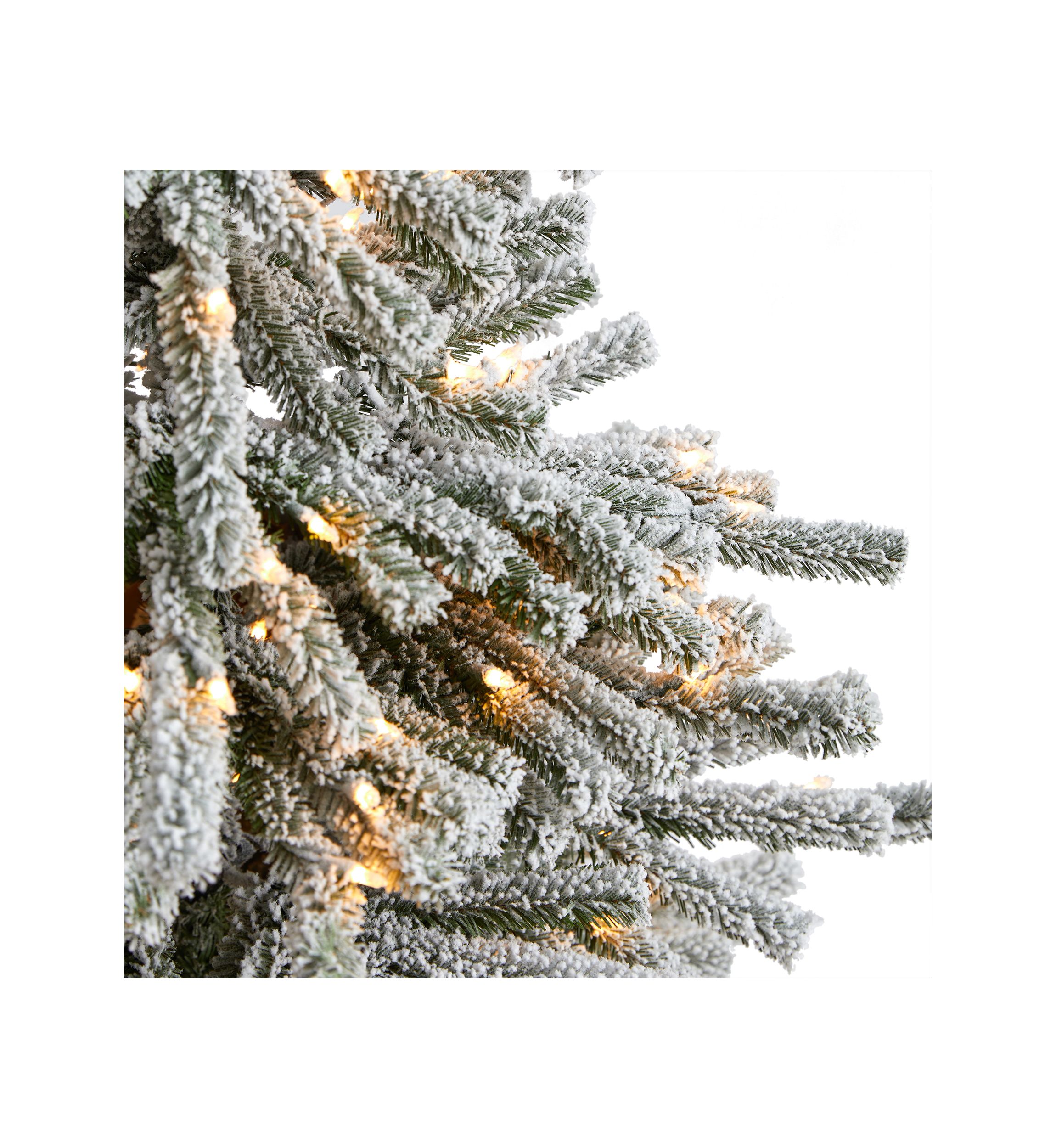 6-Foot Flocked Long Vermont Pine Artificial Christmas Tree with 758 Bendable Branches and 250 LED Lights in Decorative Planter