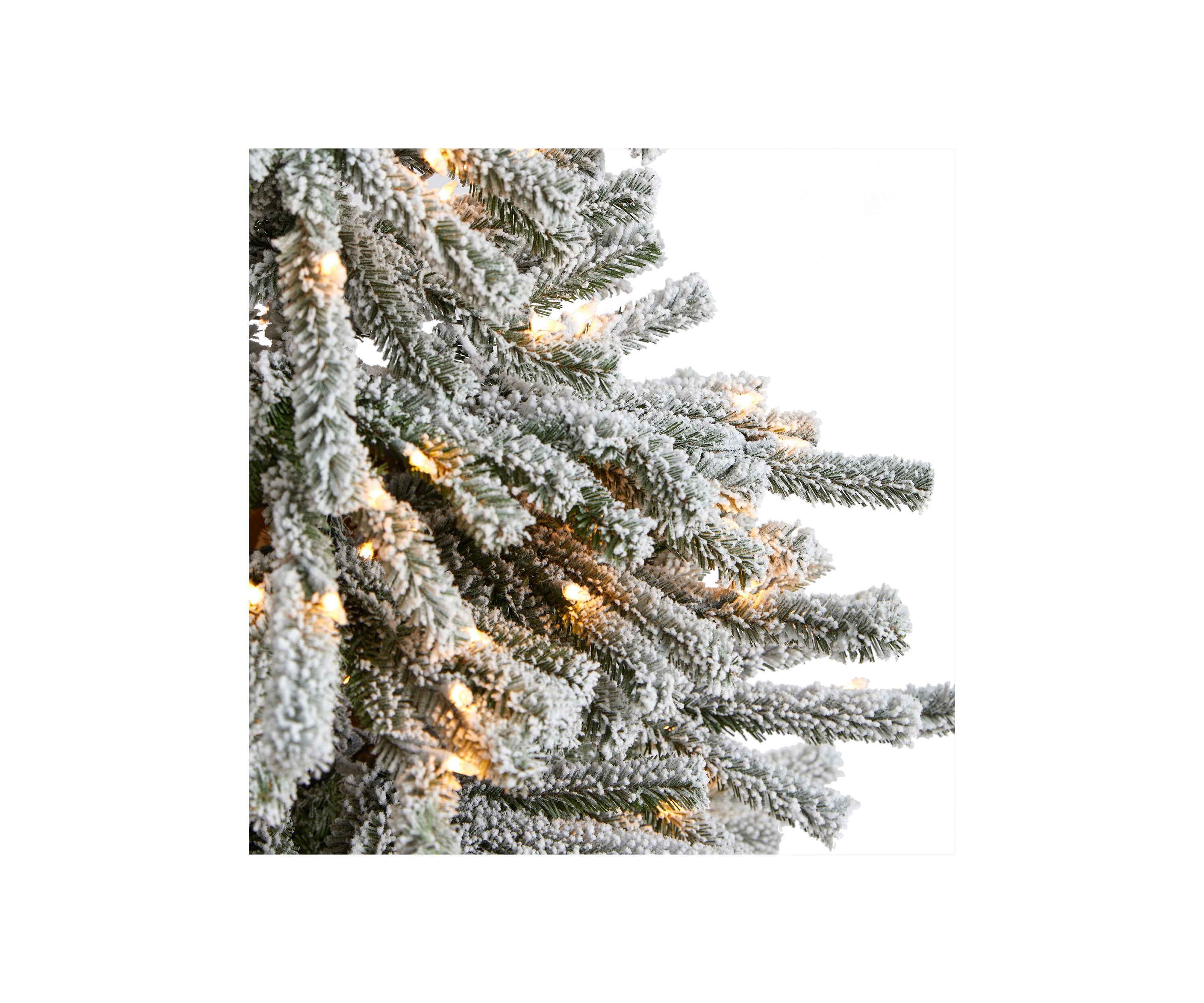 6-Foot Flocked Long Vermont Pine Artificial Christmas Tree with 758 Bendable Branches and 250 LED Lights in Decorative Planter