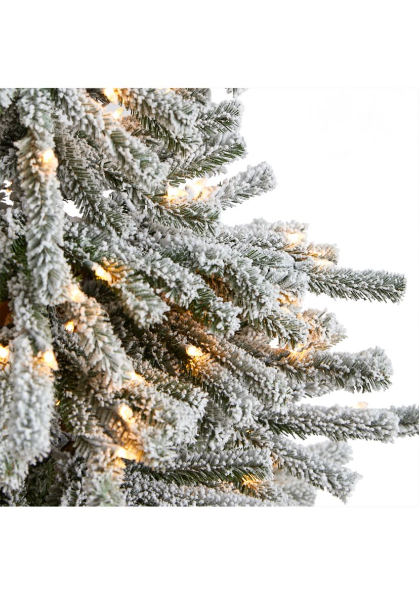 6-Foot Flocked Long Vermont Pine Artificial Christmas Tree with 758 Bendable Branches and 250 LED Lights in Decorative Planter