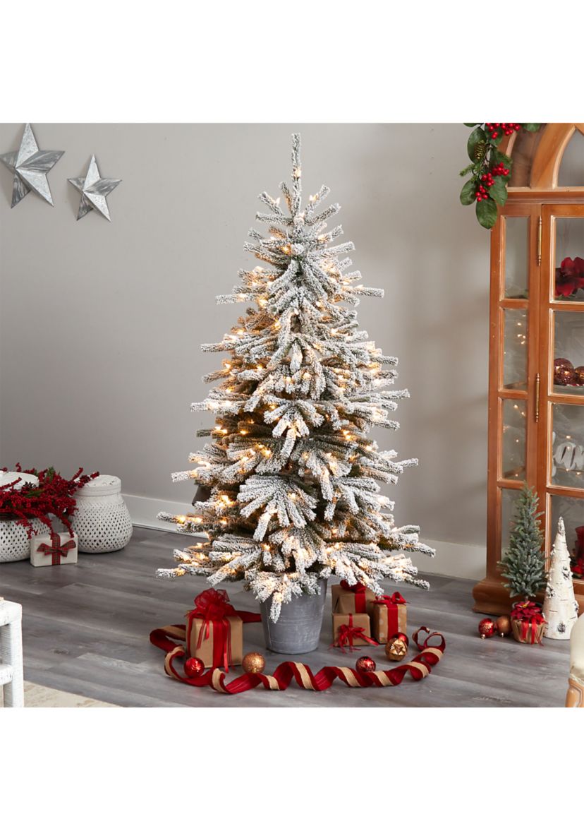 6-Foot Flocked Long Vermont Pine Artificial Christmas Tree with 758 Bendable Branches and 250 LED Lights in Decorative Planter