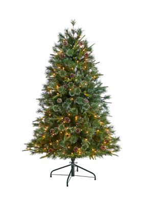 Nearly Natural 4 Foot Snowed Tipped Clermont Mixed Pine Artificial Christmas Tree with 200 Clear Lights, Pine Cones, and 588 Bendable Branches