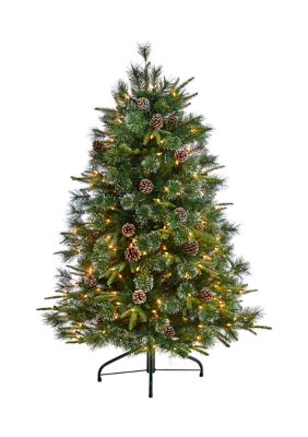 Nearly Natural 5 Foot Snowed Tipped Clermont Mixed Pine Artificial Christmas Tree with 250 Clear Lights, Pine Cones, and 858 Bendable Branches, Green