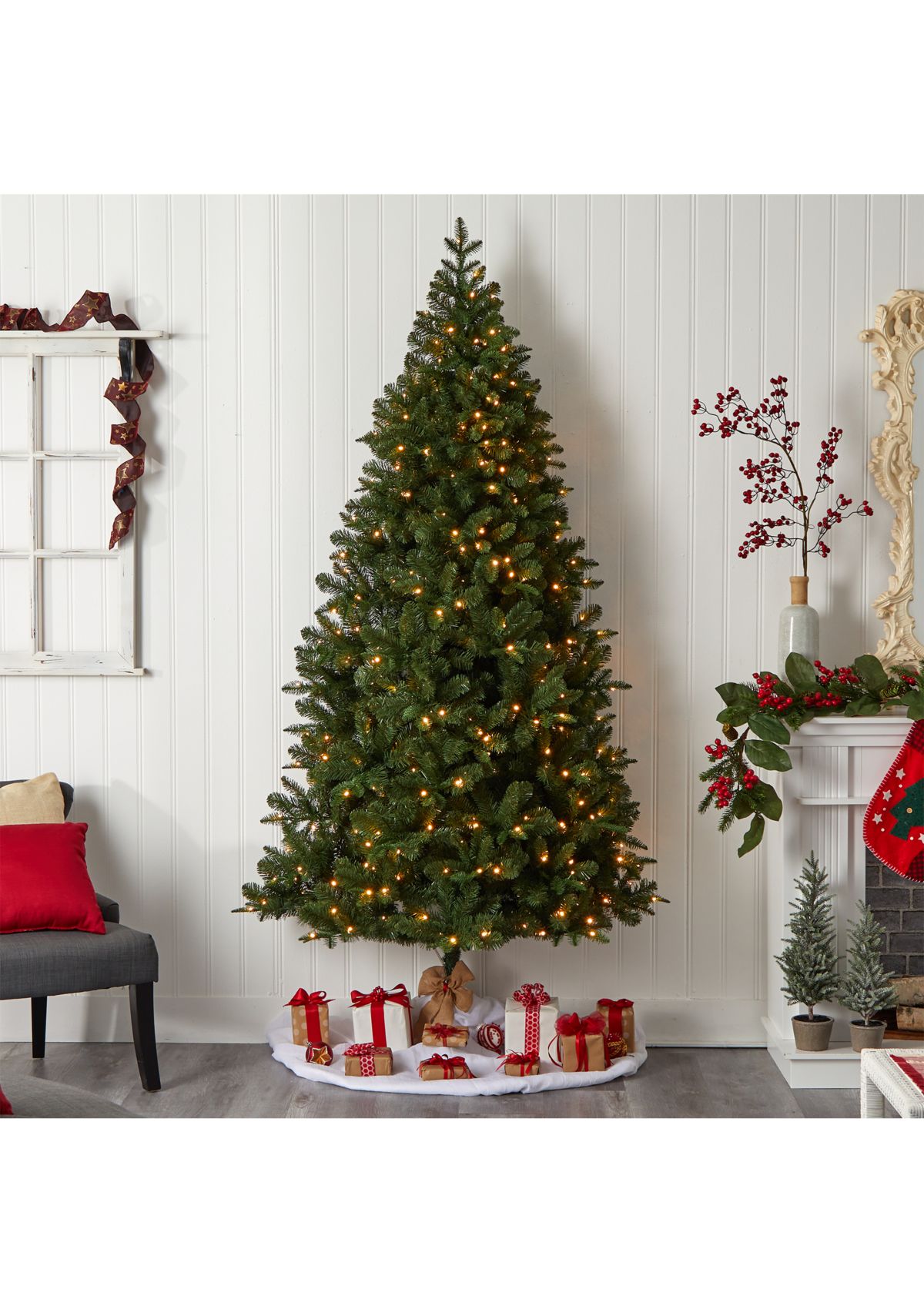 8 Foot Grand Teton Spruce Flat Back Artificial Christmas Tree with 280 Warm White LED Lights and 1208 Bendable Branches