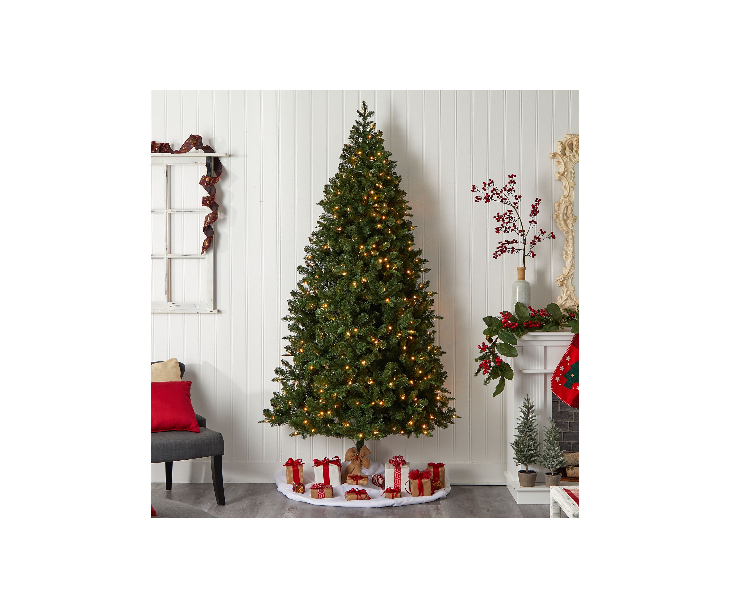 8 Foot Grand Teton Spruce Flat Back Artificial Christmas Tree with 280 Warm White LED Lights and 1208 Bendable Branches