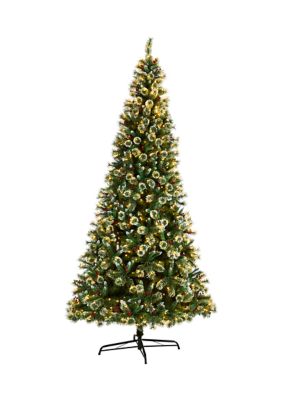 Nearly Natural 10 Foot Frosted Swiss Pine Artificial Christmas Tree with 850 Clear LED Lights and Berries, Green