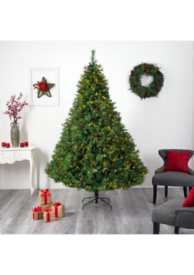 8-Foot West Virginia Full Bodied Mixed Pine Artificial Christmas Tree with 700 Clear LED Lights and Pine Cones