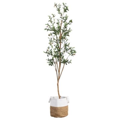 7ft. Artificial Olive Tree with Natural Trunk and Handmade Jute Basket