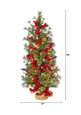 3-Foot Berry and Pine Artificial Christmas Tree with 50 Warm White Lights and Burlap Wrapped Base