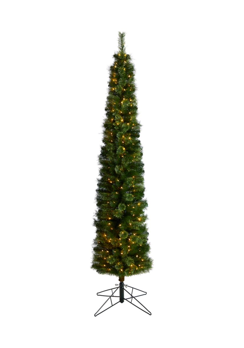 8 Foot Green Pencil Artificial Christmas Tree with 200 Clear (Multifunction) LED Lights and 402 Bendable Branches