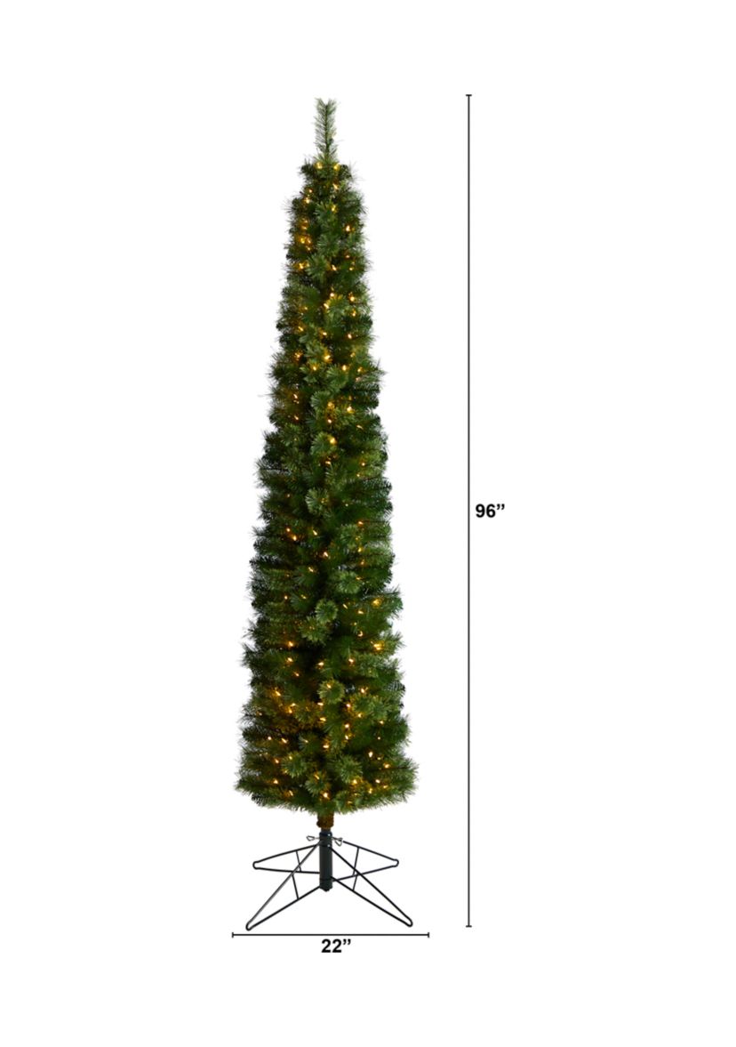 8 Foot Green Pencil Artificial Christmas Tree with 200 Clear (Multifunction) LED Lights and 402 Bendable Branches