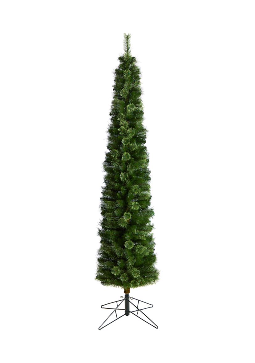 8 Foot Green Pencil Artificial Christmas Tree with 200 Clear (Multifunction) LED Lights and 402 Bendable Branches