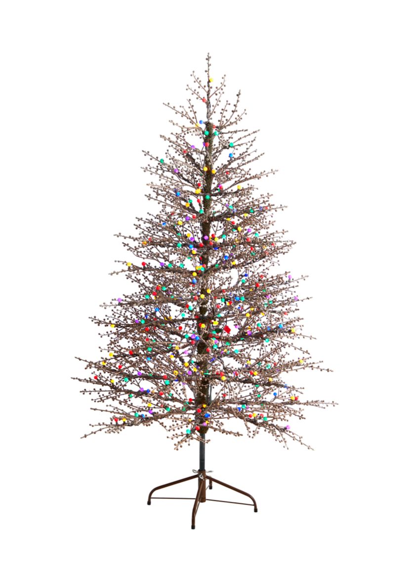 6-Foot Frosted Berry Twig Artificial Christmas Tree with 350 Multicolored Gum Ball LED Lights and 808 Bendable Branches