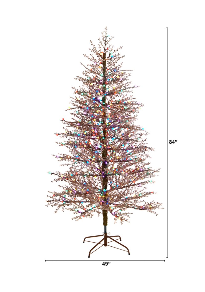 7 Foot Frosted Berry Twig Artificial Christmas Tree with 450 Multicolored Gum Ball LED Lights and 1192 Bendable Branches