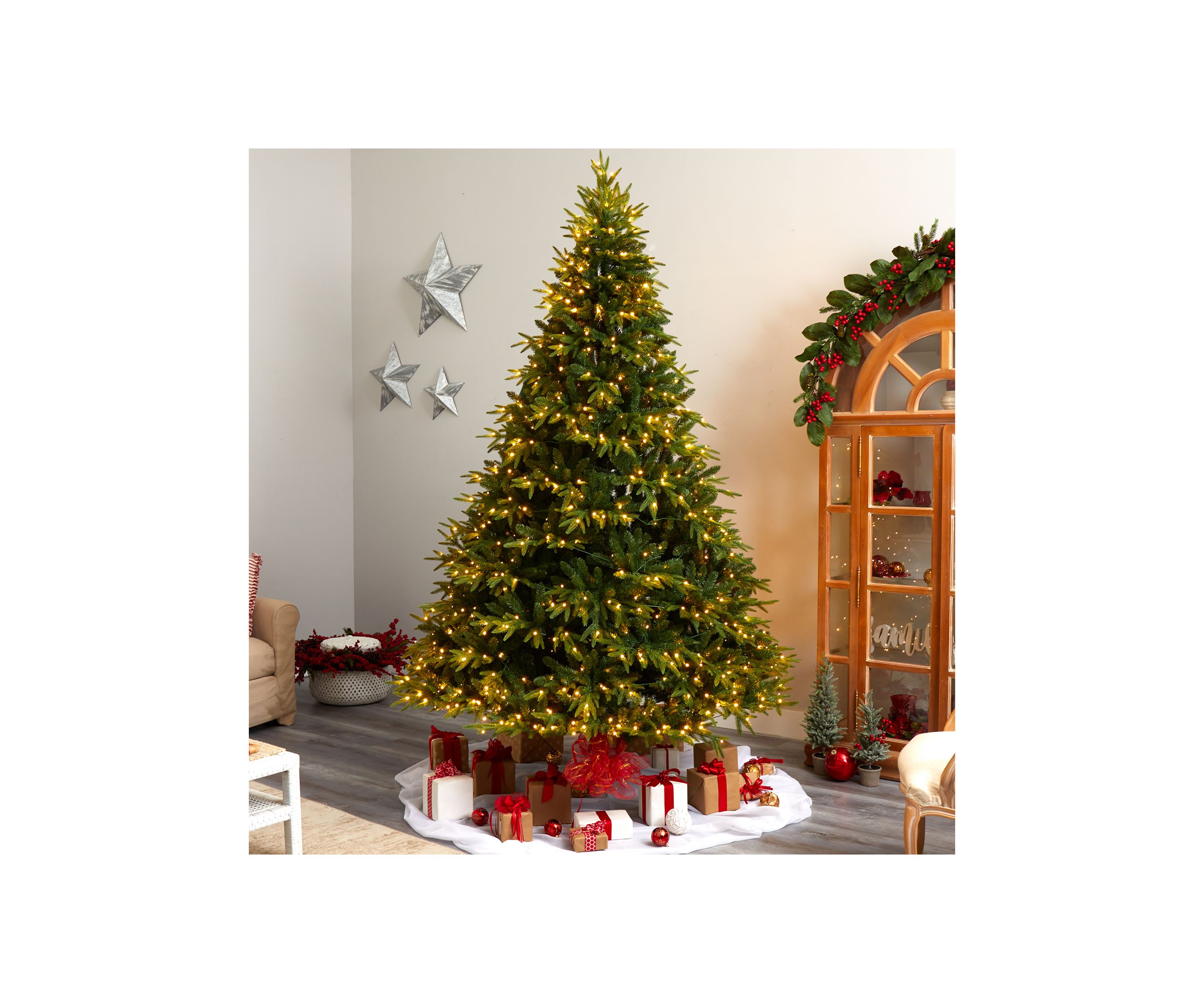 9 Foot Colorado Mountain Fir Natural Look Artificial Christmas Tree with 900 Multi LED Lights and 4600 Bendable Branches