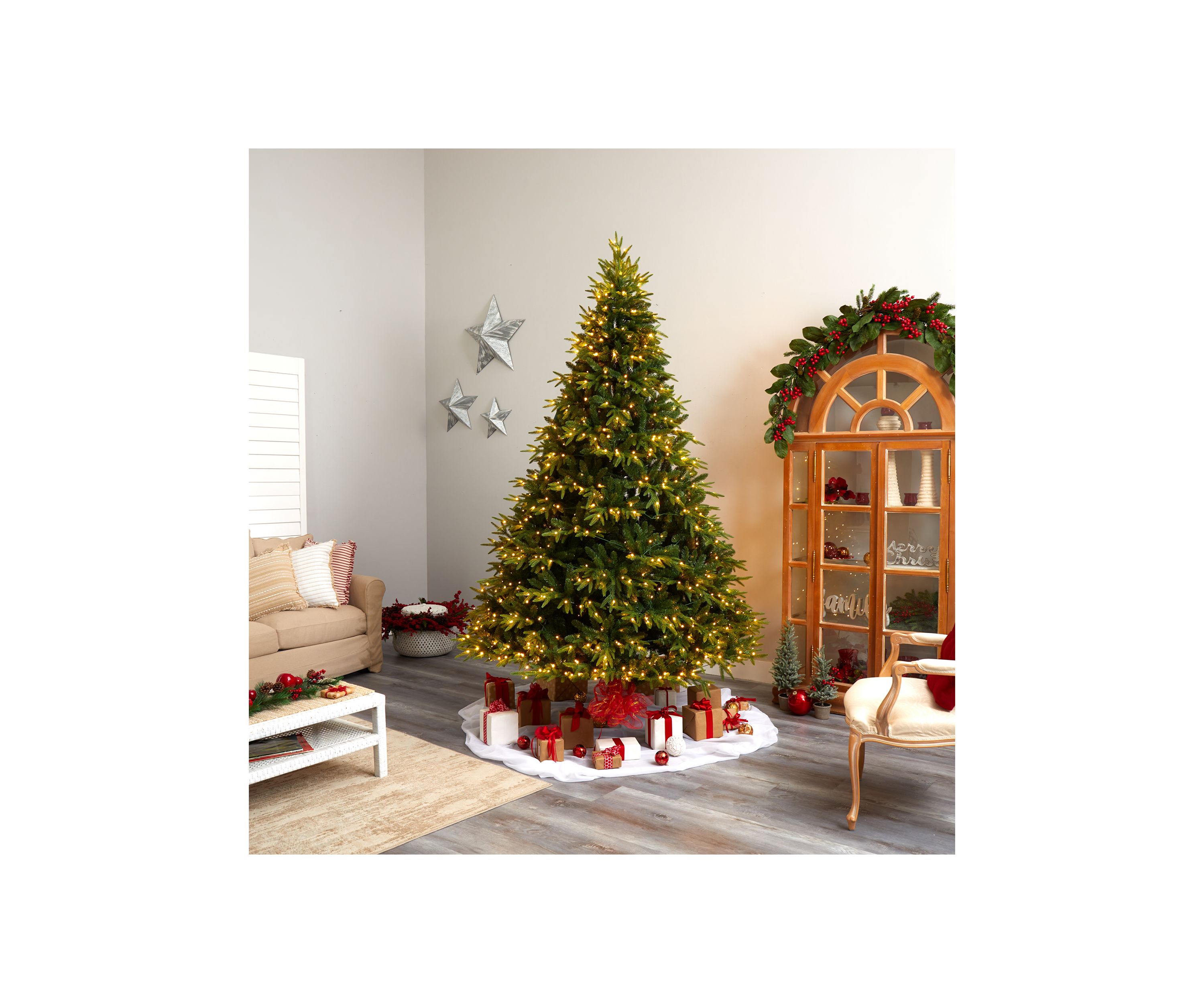9 Foot Colorado Mountain Fir Natural Look Artificial Christmas Tree with 900 Multi LED Lights and 4600 Bendable Branches