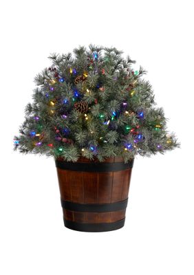 26-Inch Flocked Artificial Christmas Shrub with Pinecones, 150 Multicolored LED Lights and 280 Bendable Branches in Decorative Planter