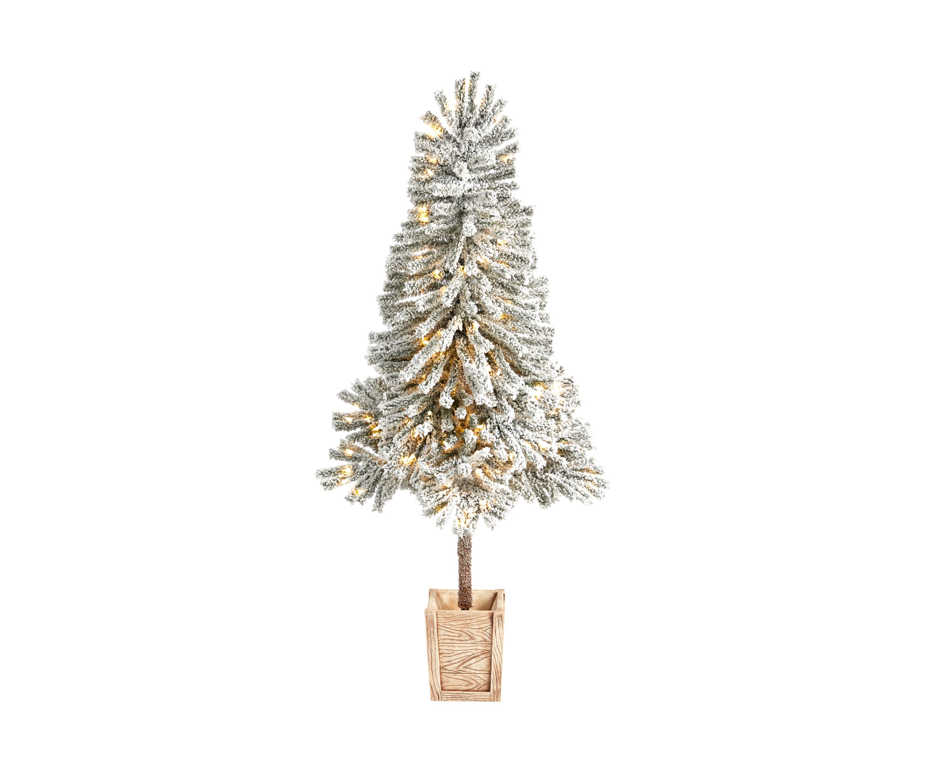 5-Foot Winter Flocked Leaning Artificial Christmas Tree Pre-Lit with 150 LED Lights and 288 Bendable Branches in Decorative Planter